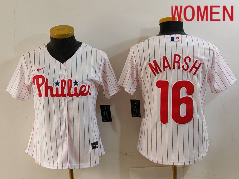 Women Philadelphia Phillies #16 Marsh White stripe Nike Game 2024 MLB Jersey style 726->women mlb jersey->Women Jersey